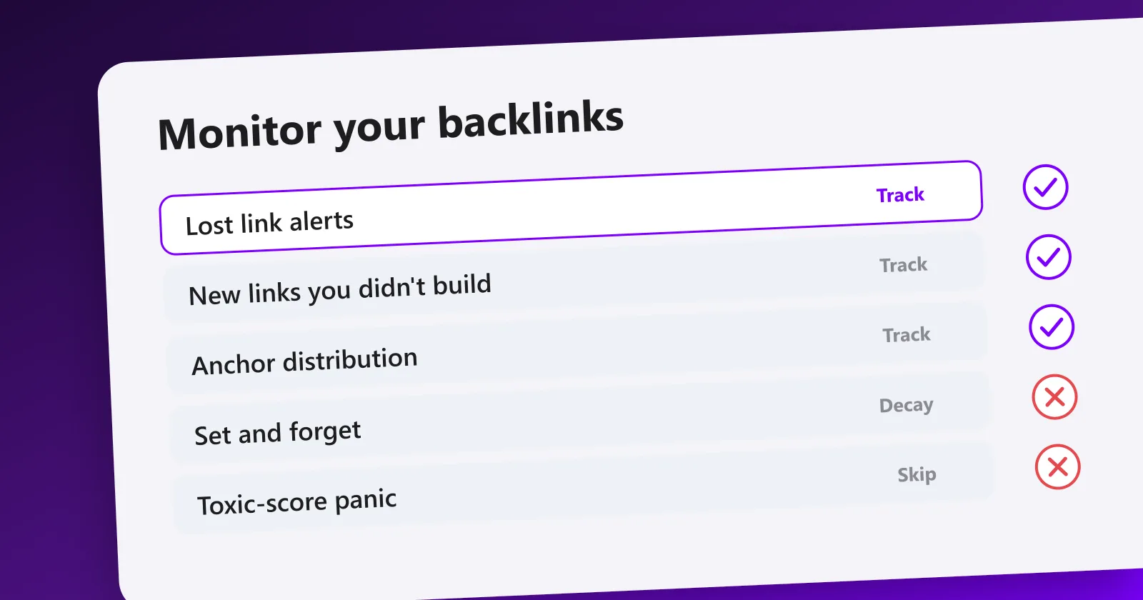 A backlink monitoring dashboard tracking gained links, lost links and anchor text distribution over time.