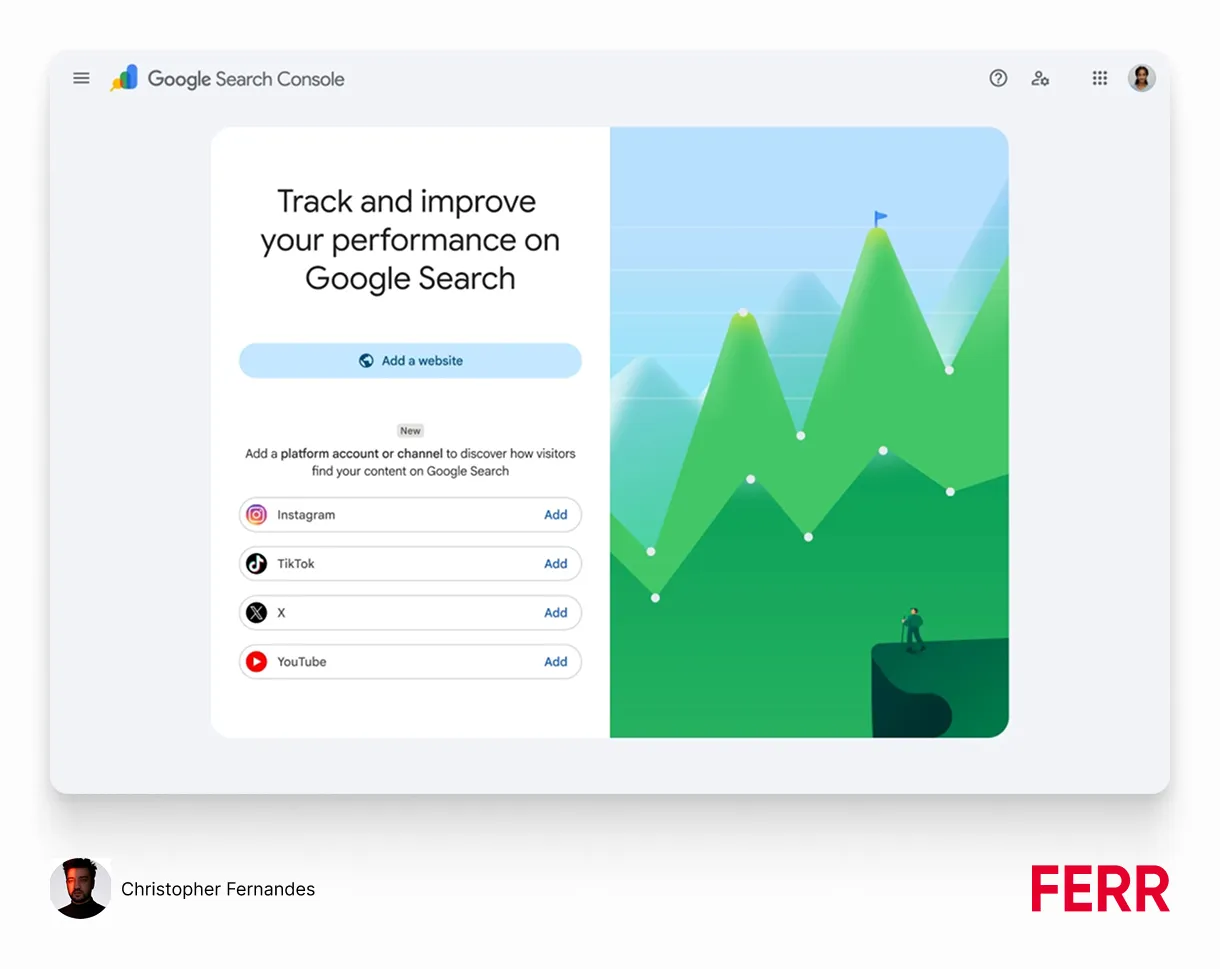 Google Search Console start screen with the new platform account options for Instagram, TikTok, X and YouTube