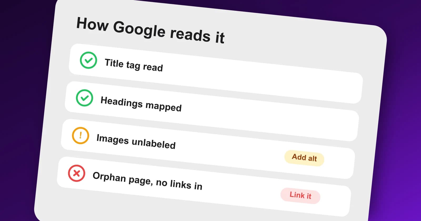 A crawler's view of a website showing links, titles and headings in the Meeeters dashboard
