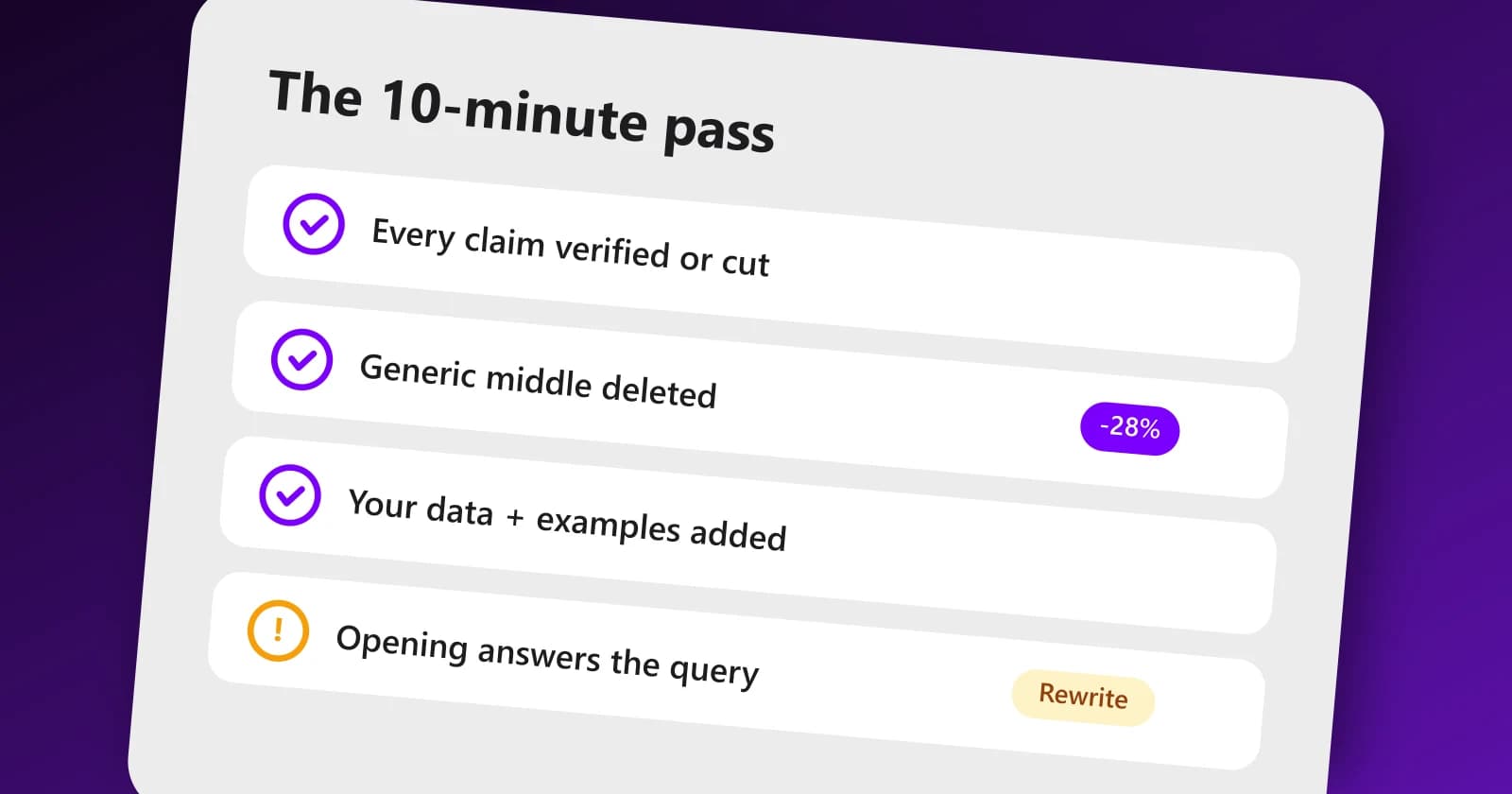 Editing checklist for AI drafts: facts verified, filler cut, own data added, opening rewritten