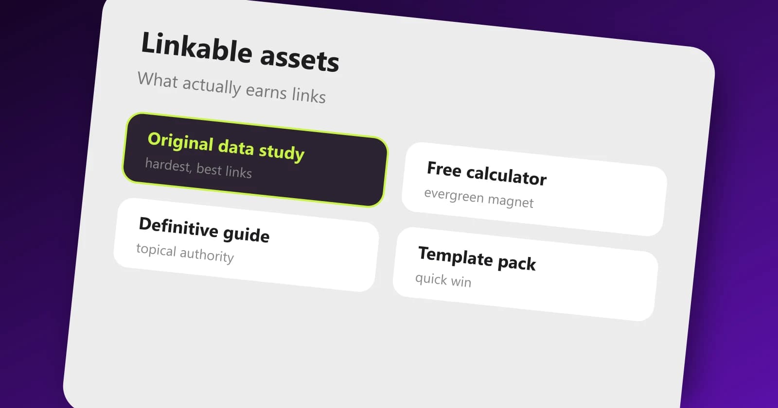 Grid of linkable asset types including data study and free calculator