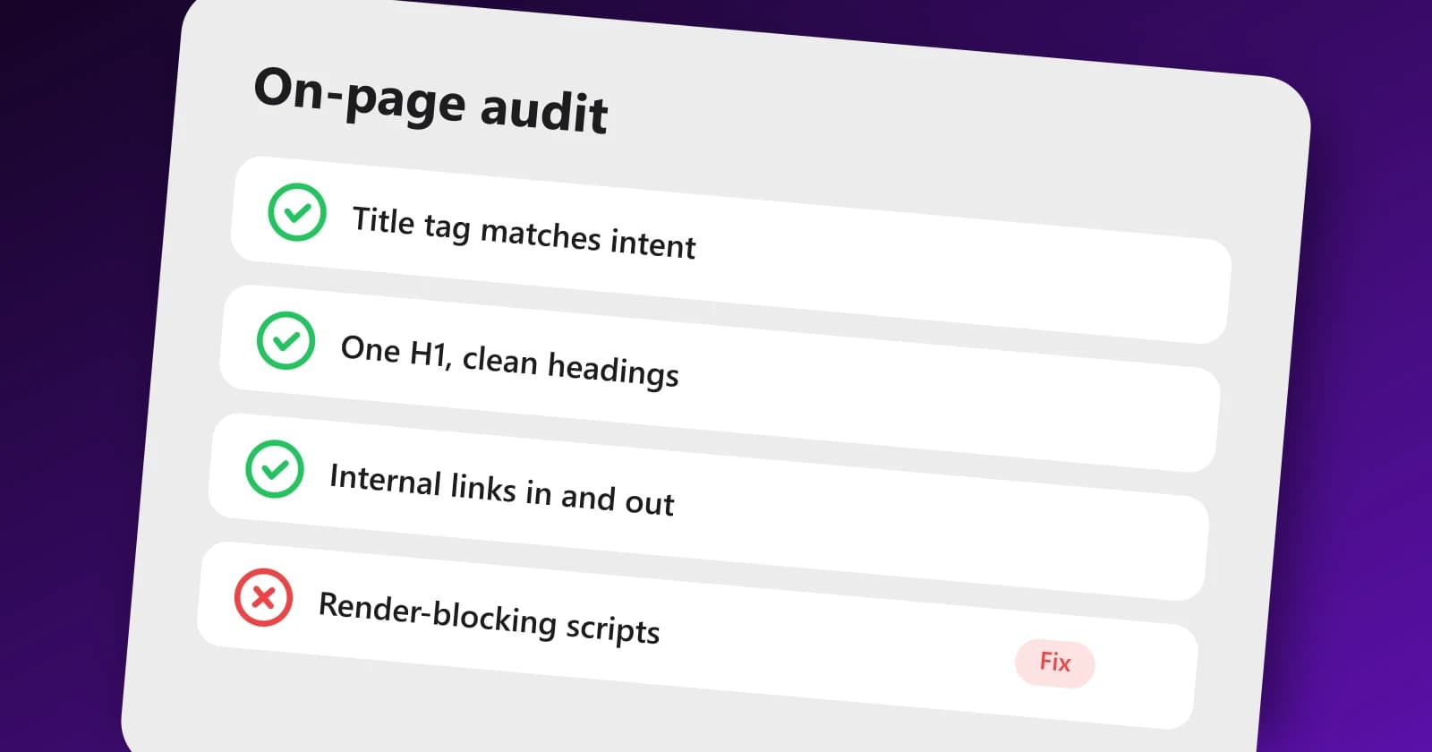 On-page SEO audit checklist with passed and failed checks