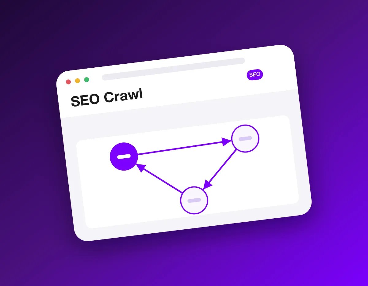 An SEO crawl following links from page to page, flagging broken links, redirect chains, missing titles and orphan pages along the way.