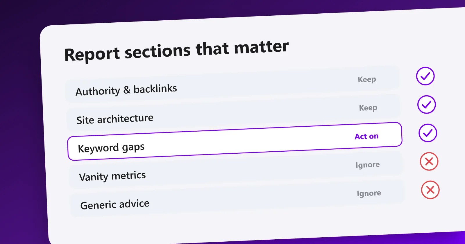 A Meeeters SEO report example: sections to keep like authority and keyword gaps, and vanity metrics to ignore.