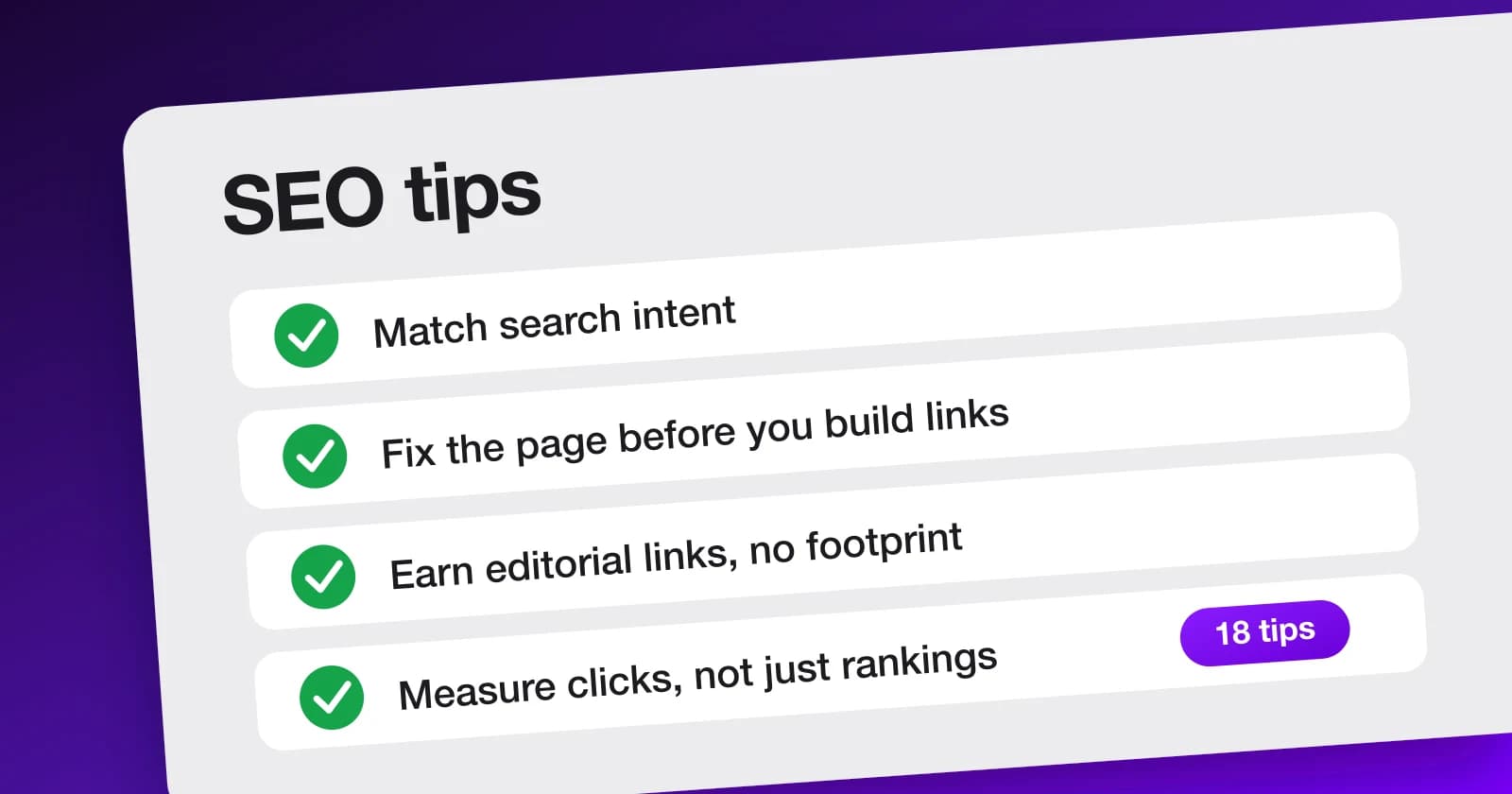 A ranked SEO tips checklist showing on-page, technical and off-page priorities in the Meeeters dashboard