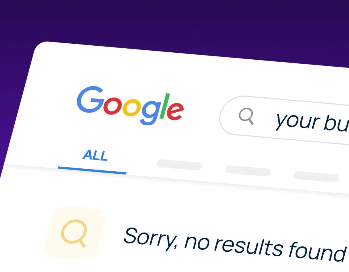 Google search results page showing sorry, no results found for a business