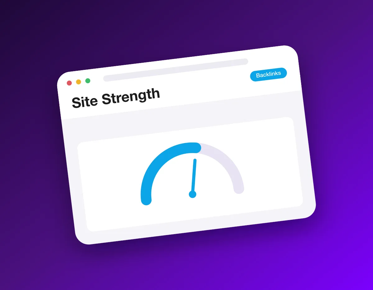 A site strength gauge reading weak to strong, built from domain rating and organic traffic estimates.