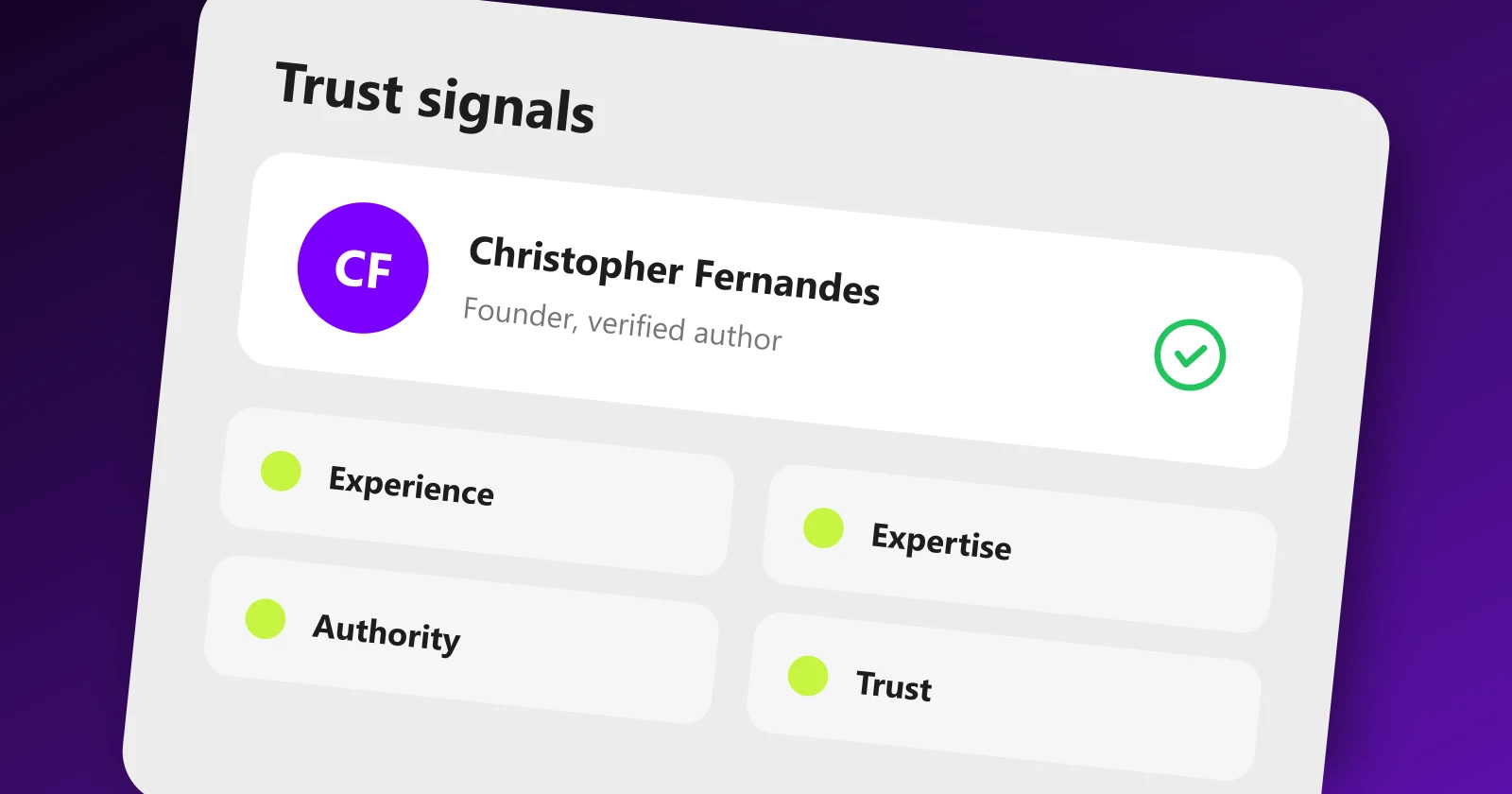 Author profile card showing Experience, Expertise, Authority and Trust signals