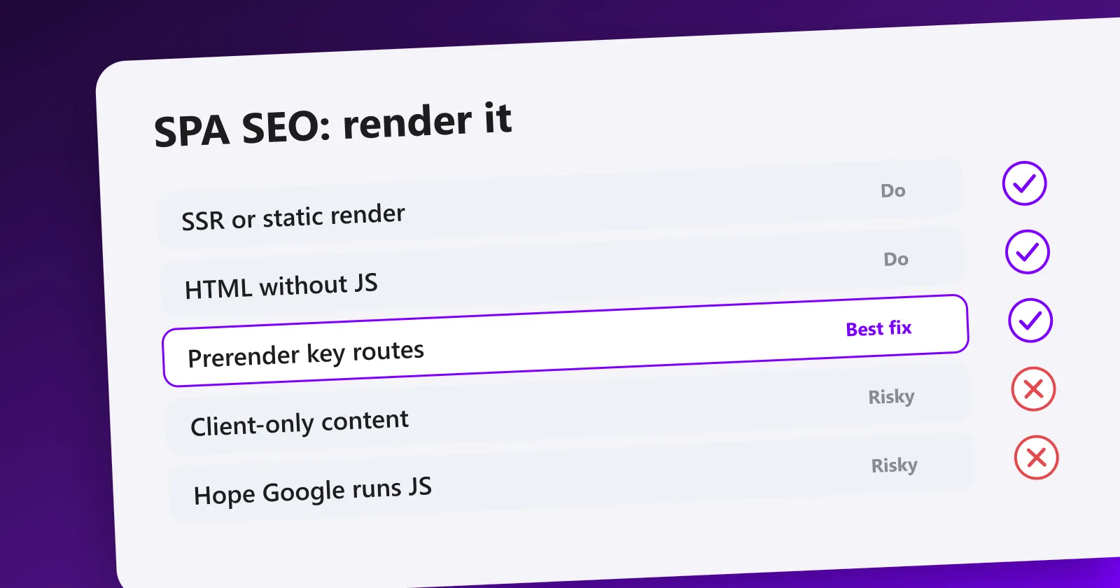 SEO for single page applications: SSR or static rendering and prerendered routes so crawlers read HTML without running JS.