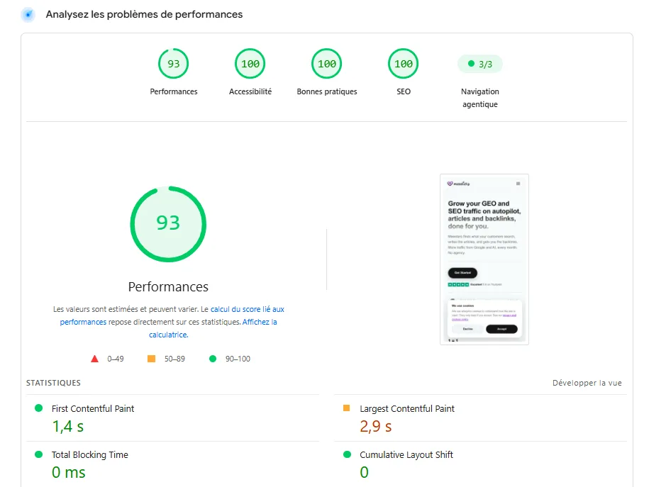 PageSpeed Insights results: 93 performance, 100 accessibility, 100 best practices, 100 SEO, with a 1.4 second First Contentful Paint and a 2.9 second Largest Contentful Paint flagged in orange