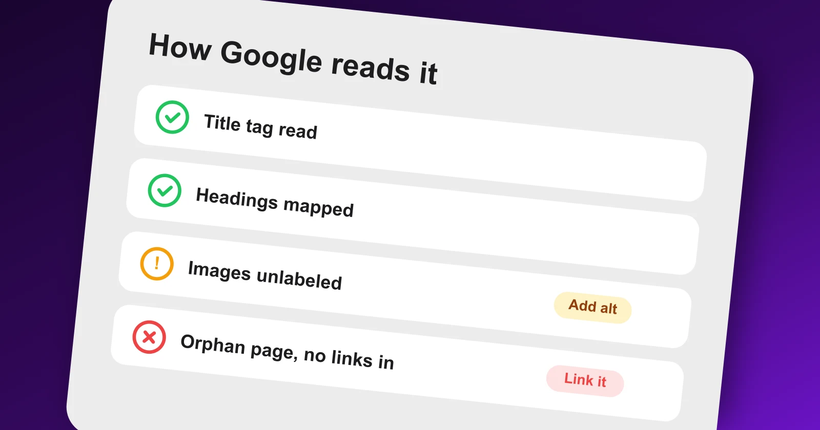 A crawler's view of a website showing links, titles and headings in the Meeeters dashboard