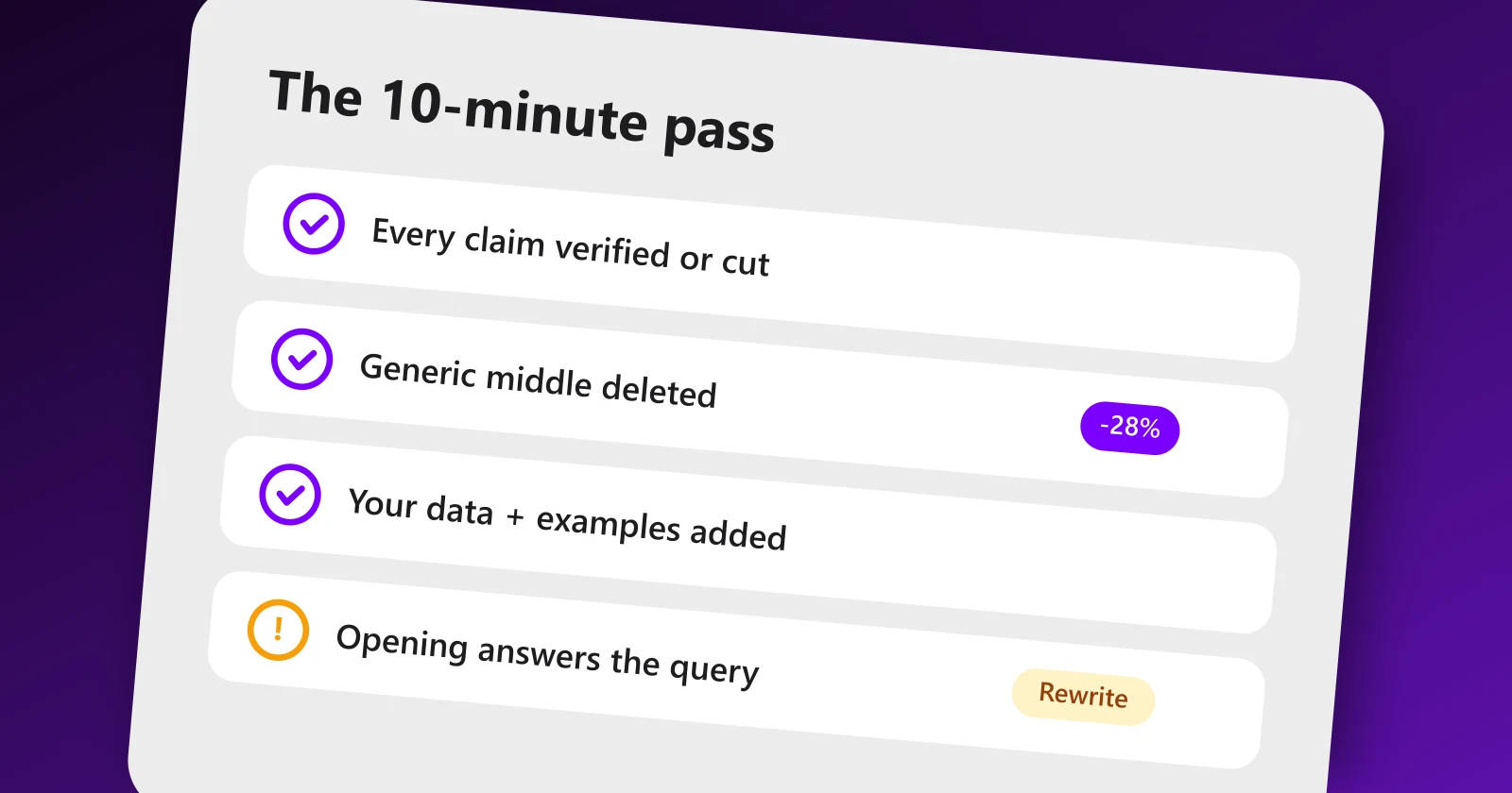 Editing checklist for AI drafts: facts verified, filler cut, own data added, opening rewritten