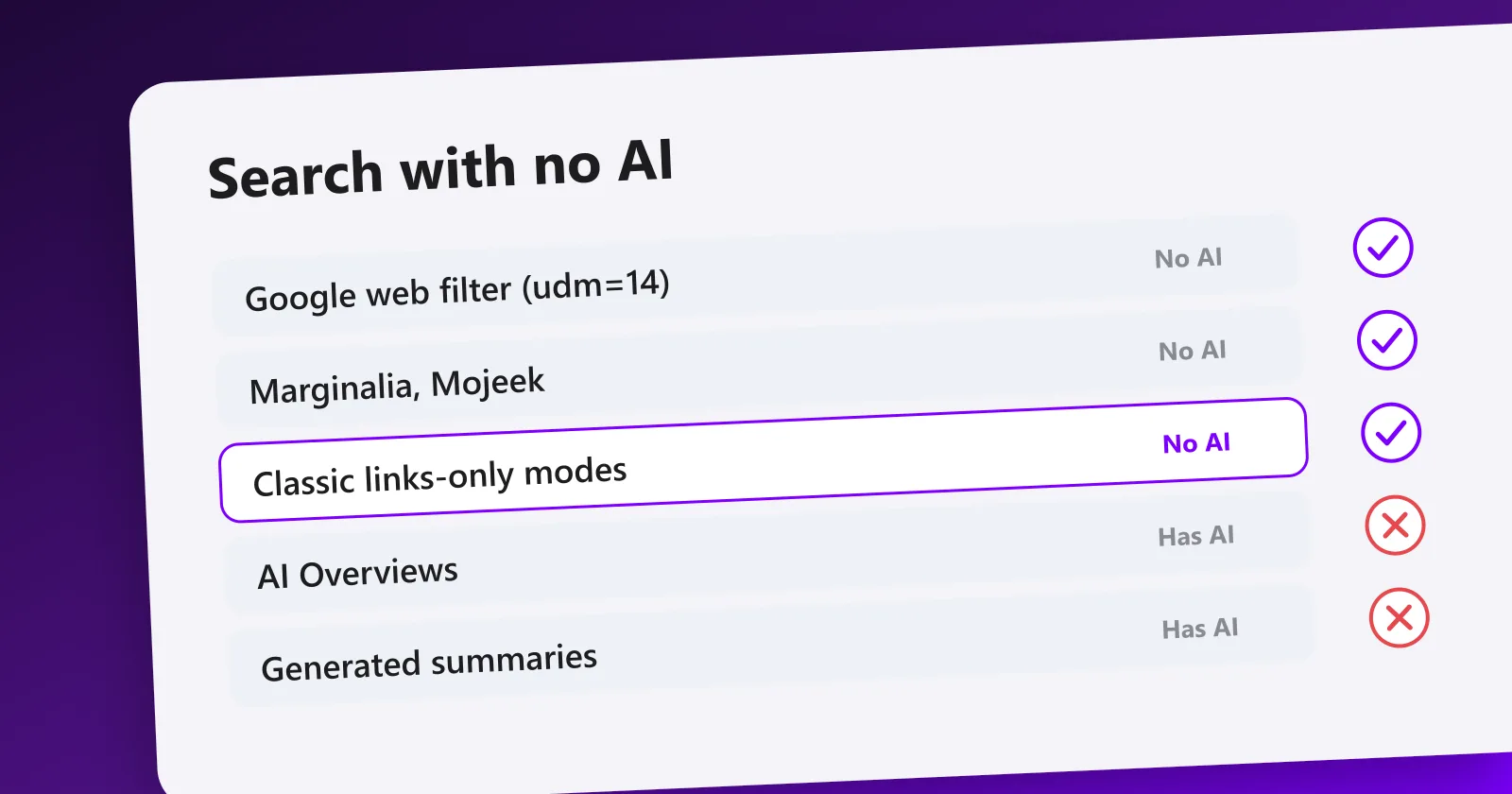 Search engines with no AI: Google web filter (udm=14), Marginalia, Mojeek and classic links-only modes.