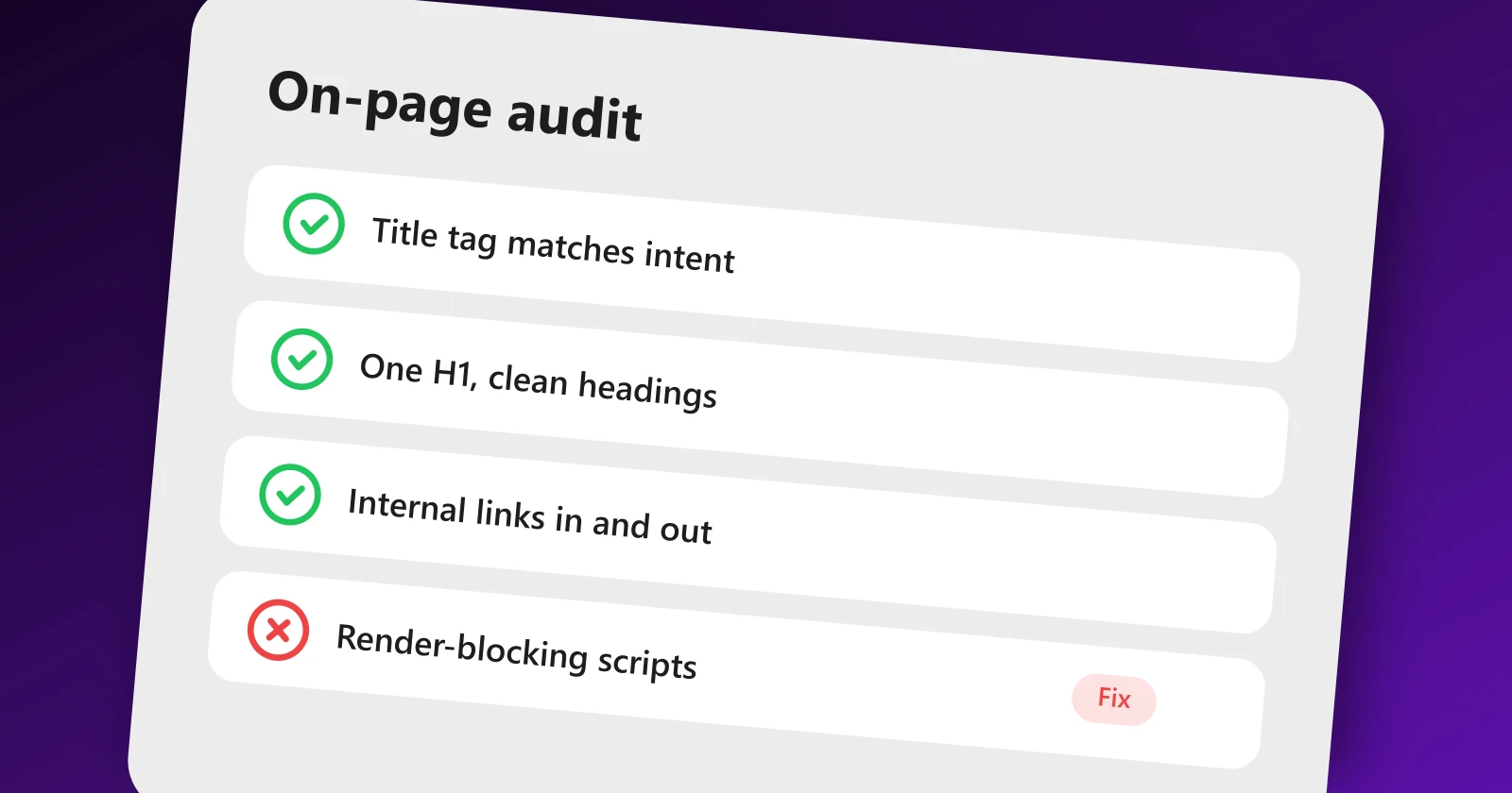 On-page SEO audit checklist with passed and failed checks