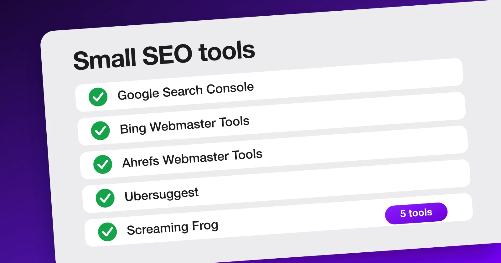Five small SEO tools compared by what they do best, on a Meeeters-style card