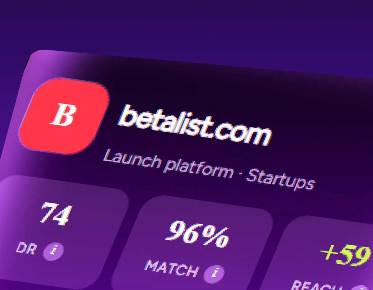 Domain Rating score card showing DR 74, 96 percent match and plus 59 reach for betalist.com